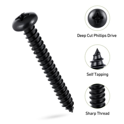 SVLING #10 x 3/4" Pan Head Wood Screws, 100PCS Pan Head Self Tapping Sheet Metal Screws, Black Oxide Stainless Steel 304 (18-8), Phillips Drive