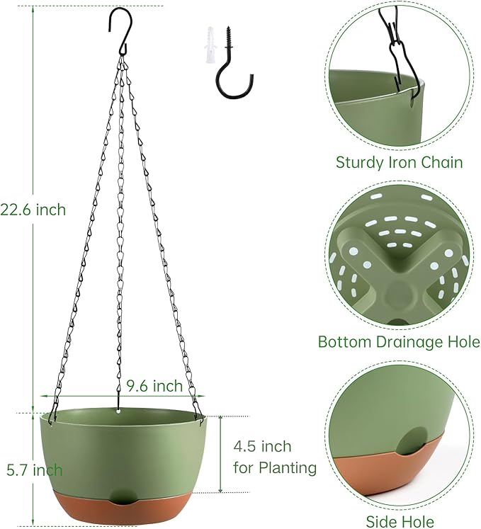 Set of 2 10 Inch Self Watering Hanging Planters for Indoor Outdoor Plants, Color Blocking Hanging Baskets Flower Pots with Drainage Hole & Removable Water-Storage Tray and 20" Chain Hanger