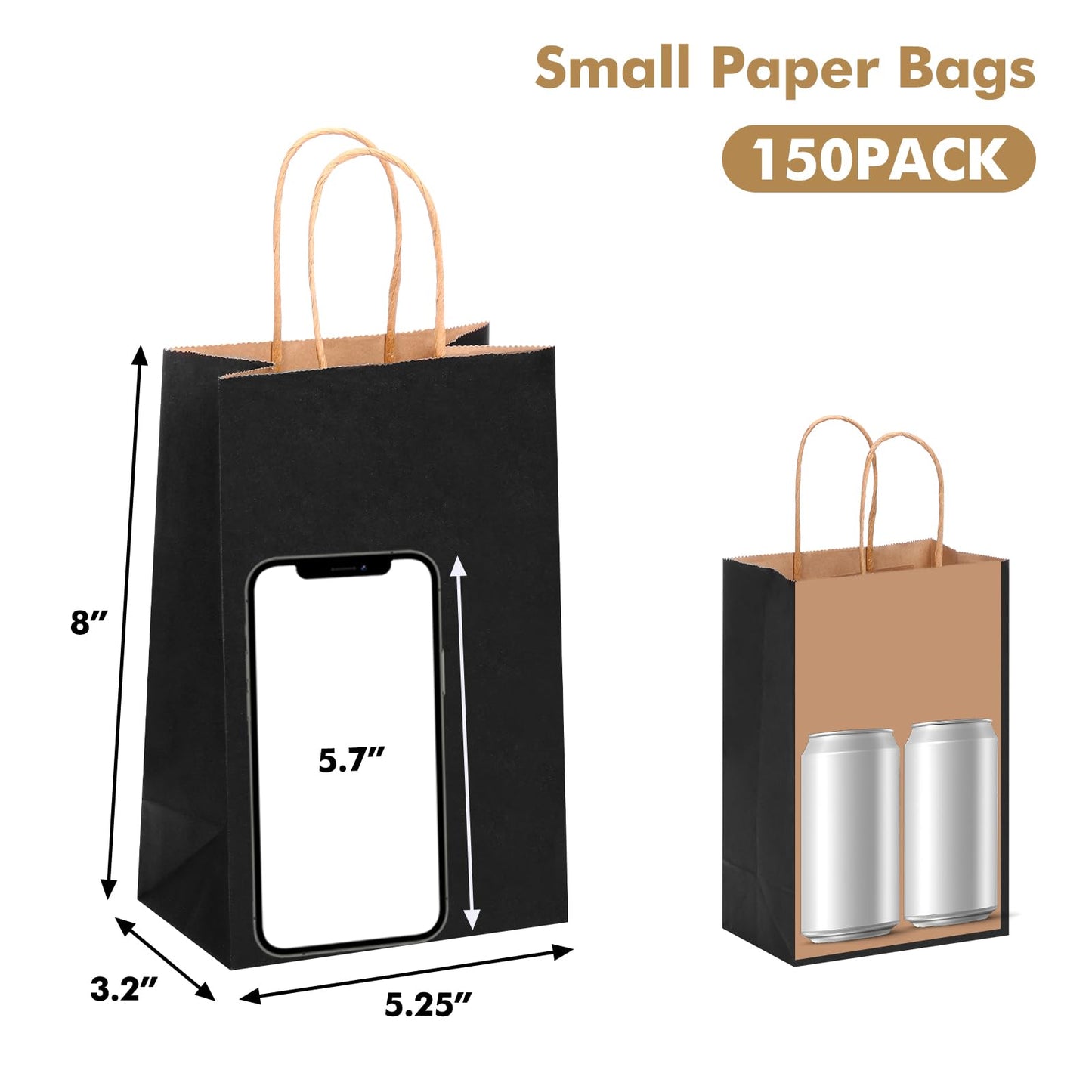 OUTUXED 150pcs Black Paper Bags with Handles, 5.25x3.2x8 Inches Small Gift Bags Bulk for Shopping, Birthday, Wedding, Merchandise and Business Party