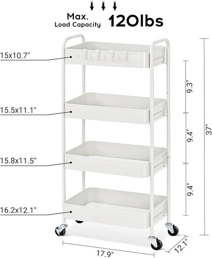 TOOLF 4-Tier Rolling Cart - Metal Storage Organizer with Lockable Wheels, 44 lbs Per Shelf Capacity, Tool-Free Assembly, for Kitchen Bathroom Office Laundry Room Nursery, White