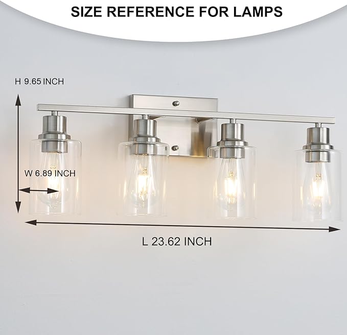 Modern Wall Lighting 4-Lights Brushed Nickel Wall Lamp Fixtures,24" Vintage Wall Sconces with Clear Glass Shades, Farmhouse Bathroom Vanity Light for Mirror,Bedroom,Living Room