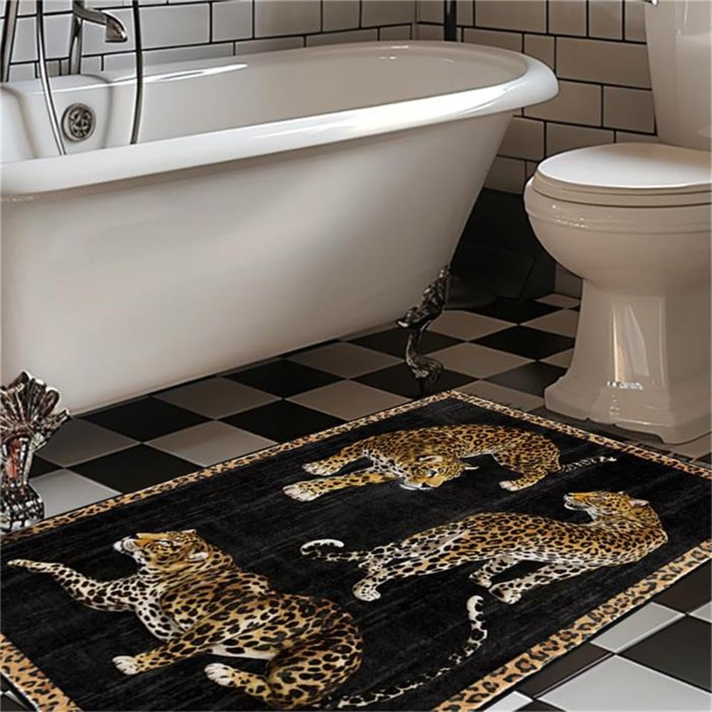 UUYDFH Black Cheetah Area Rug 2 by 3ft Small Leopard Rugs Washable Non-Slip Decorative Indoor Wildlife Animal Floor Mats for Bedroom Bathroom Doormats