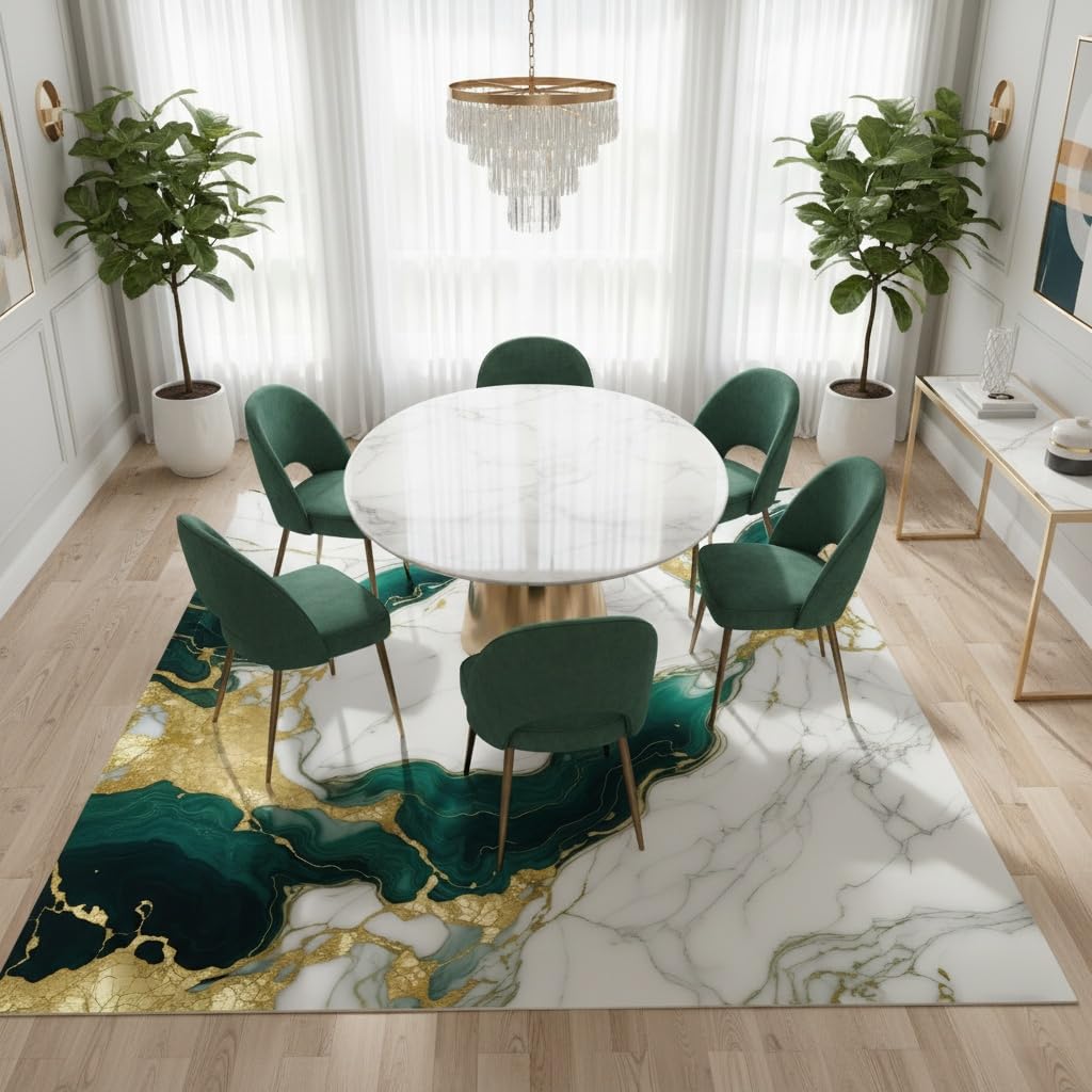 Marble Swirl Modern Abstract Emerald Green Grey Gold Area Rug for Living Room Bedroom Ultra Soft Wool Carpet Under Dining Table Lux Aesthetic Home Office Carpets 5x7