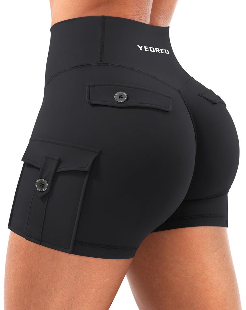 YEOREO CoreFlex Women Workout Gym Shorts with Cargo Pockets Hidden Scrunch 3.6" 4.5" Inseam No Front Seam Biker Shorts Black L