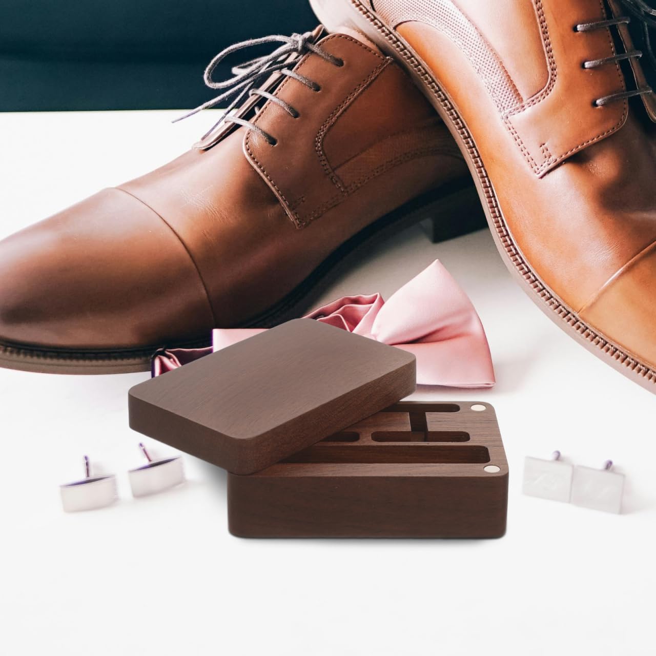WOFASHPURET Walnut Storage Box for Men Jewelry Organizer Small Cufflink Box Case with Tie Clips Holder Compact Design for Home Office