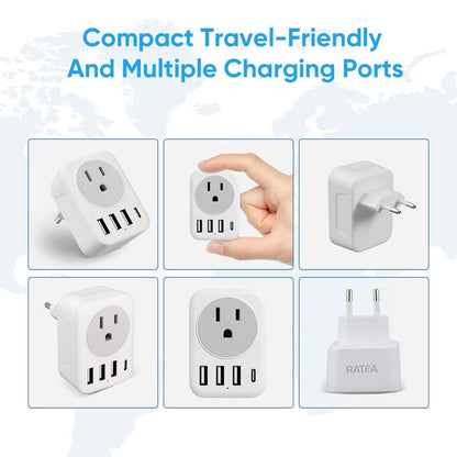 [2-Pack] European Travel Plug Adapter, RATEA International Power Plug Adapter with 3 USB Type A, 1 Type C Outlet Adaptor Charger for US to Most of Europe EU Spain Italy France Germany