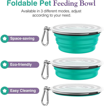 Pawaboo Collapsible Dog Bowls 2 Pack, Silicone Feeding Watering Bowls with Lids & Carabiners for Dogs Cats, Portable Collapsable Water Feeder Food Bowl for Walking Traveling Home Use, VioletTurquoise