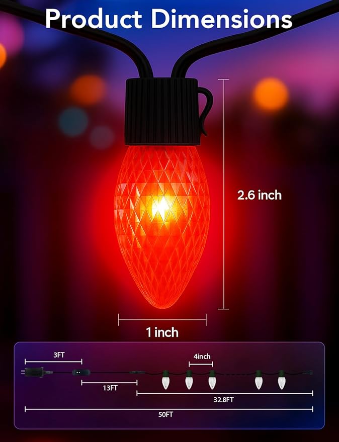 Popotan C-9 LED Christmas Lights Outdoor, 33FT 50 LEDs Smart RGB String Lights with App Remote Control, 108 Modes, Waterproof for Porch, Fence, Holiday Decoration,Halloween Lights
