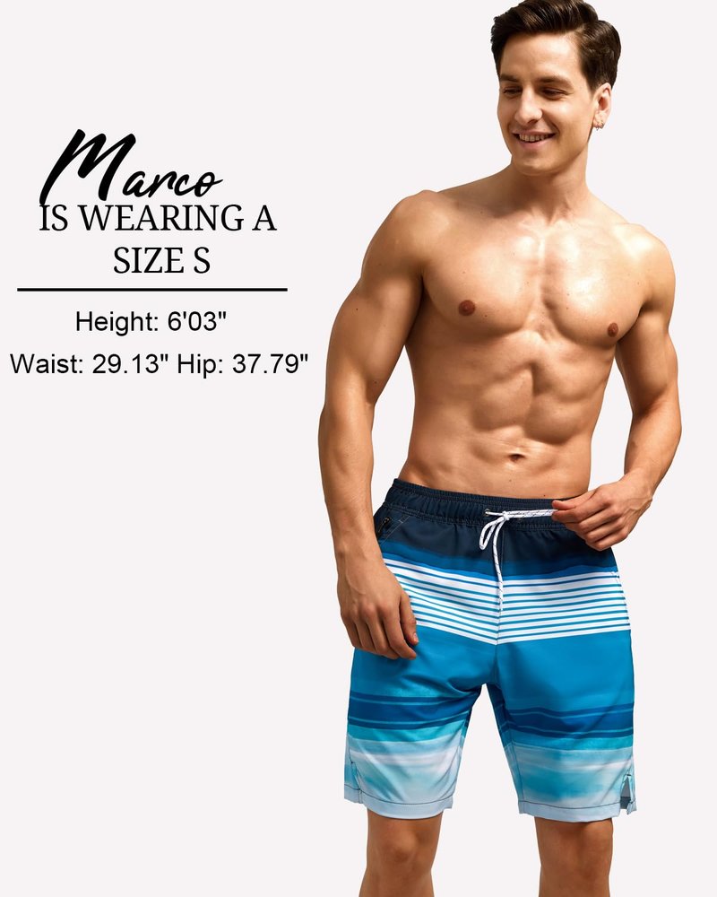 SILKWORLD Mens Swim Trunks with Compression Liner Quick Dry Split-Leg Swimsuit Swimwear Men's Shorts Bathing Suit,Blue and White Stripes,Large