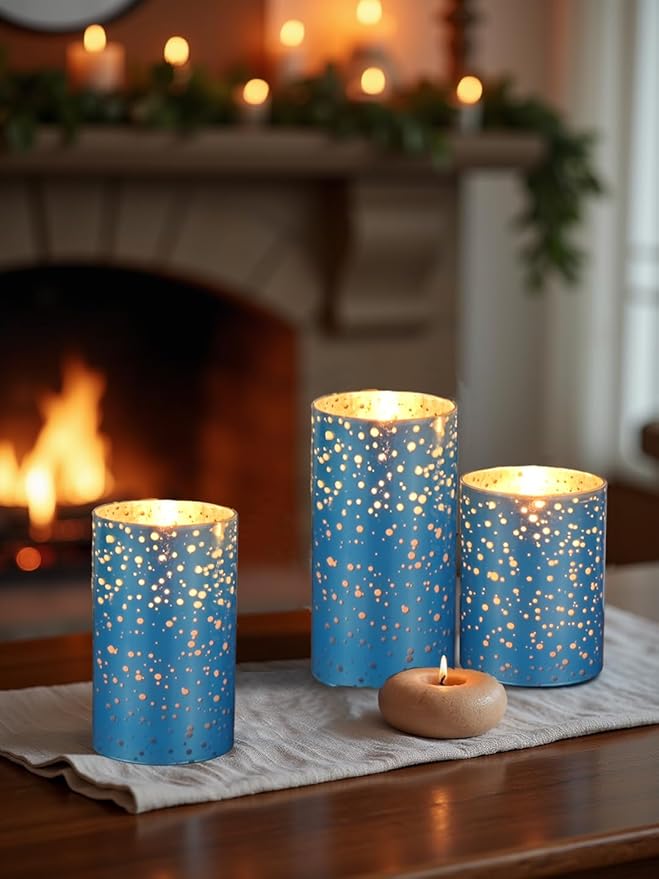Flameless Blue Mercury Glass LED Pillar Candles with Remote and Timer, Battery Included, Flickering Warm White Light, Set of 3 for Christmas, Holiday, Home Décor, Weddings, Parties