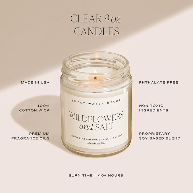 Sweet Water Decor Driftwood and Mahogany Soy Candle - Warm Mahogany, Fresh Lavender, Geranium, and Teakwood Scented Candles for Home - 9oz Clear Jar + Gold Lid, 40+ Hour Burn Time, Made in The USA