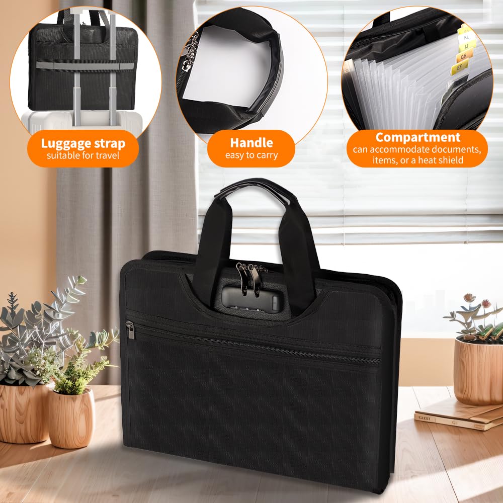 Fireproof Accordion File Organizer, Expanding File Folder with Lock & 13-Pocket, Black Important Document Organizer for Letter A4 Files, Travel Friendly with Luggage Strap