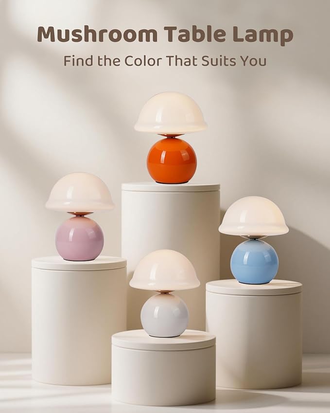 Mushroom Lamp Bedside Table Lamp for Bedroom, Cute Small Lamps with Glass Lampshade, Nightstand Lamp with Dimmer for Living Room Kitchen Apartments Offices Desk Shelves (Pink)