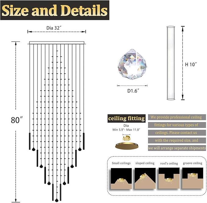 Flashing God D32''XH79'' Modern Foyer Chandelier for High Ceiling Raindrop Crystal Chandelier High Ceiling Pendant Light Fixture for Hallway Living Room Gold Stairwell Chandeliers