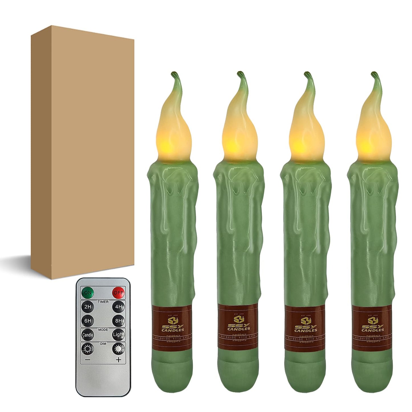 Sage Green Flameless Short Taper Candles, Real Wax Hand Dipped LED Battery Operated with Remote, Flickering Flame Lights for Festival Party Home Décor, 6.7 Inch Primitive Flameless Candles, 4PCS