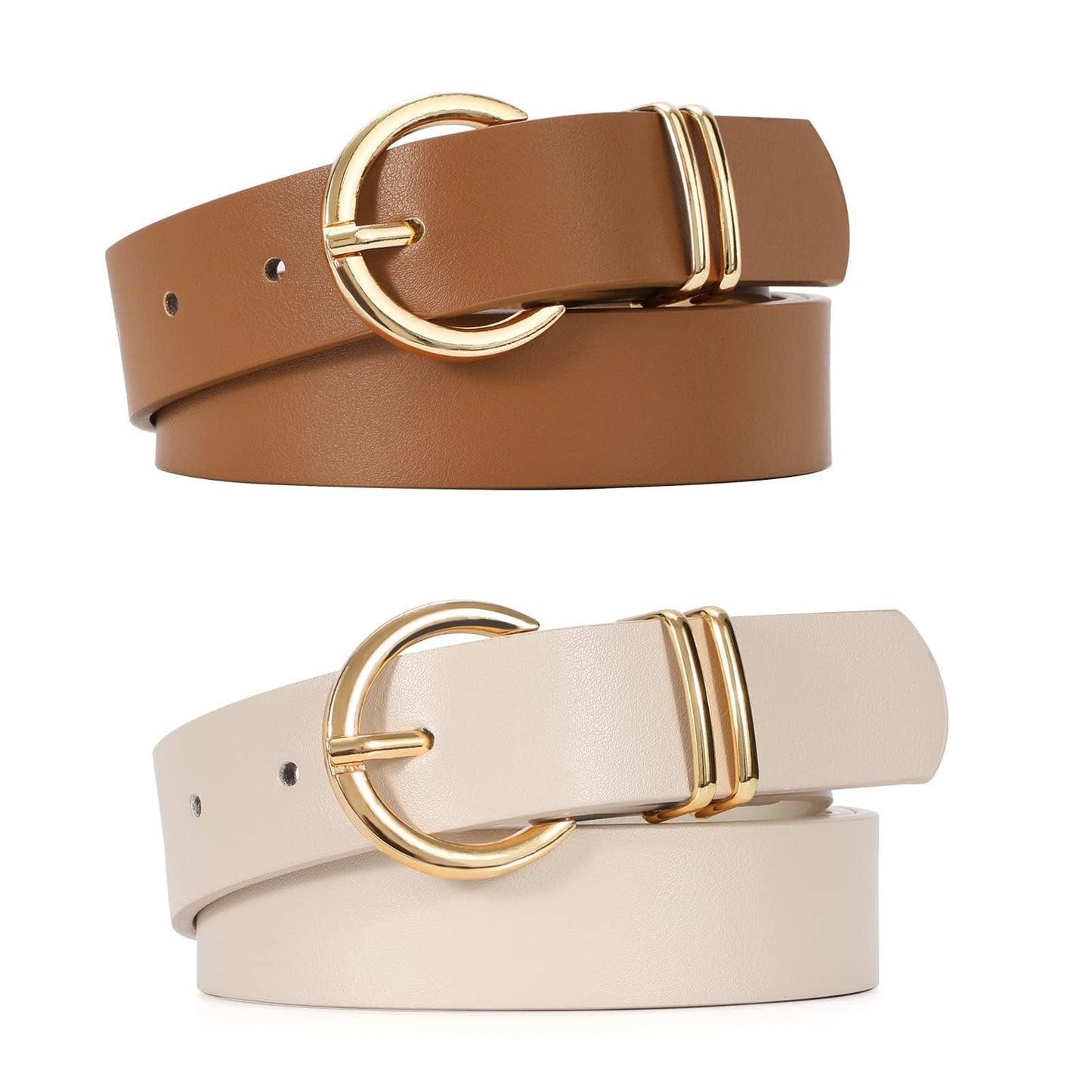 VONMELLI 2 Pack Women's Leather Belts for Jeans Pants Fashion Gold Buckle Ladies Belt Beige Brown M