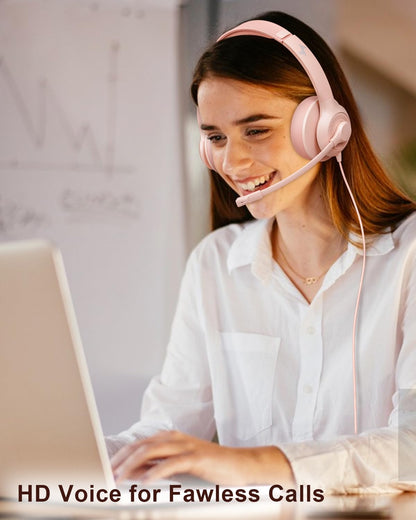 JIAMQISHI USB Headset with Microphone for PC, On-Ear Computer Laptop Headphones with Noise Cancelling Mic in-line Control for Home Office Online Class Zoom (USB+3.5mm, Pink)