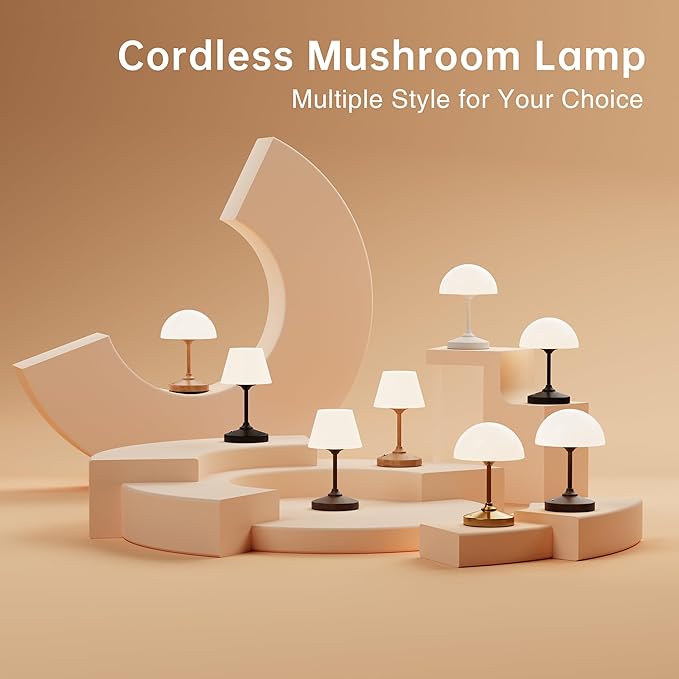 Mushroom Lamp Cordless Lamp Table Lamp,Outdoor Waterproof Shower Lamps,5000mAh Rechargeble Battery Operated Dimmable Touch Desk Lamps,LED Night Light for Bathroom Patio Camping Outdoor/Walnut