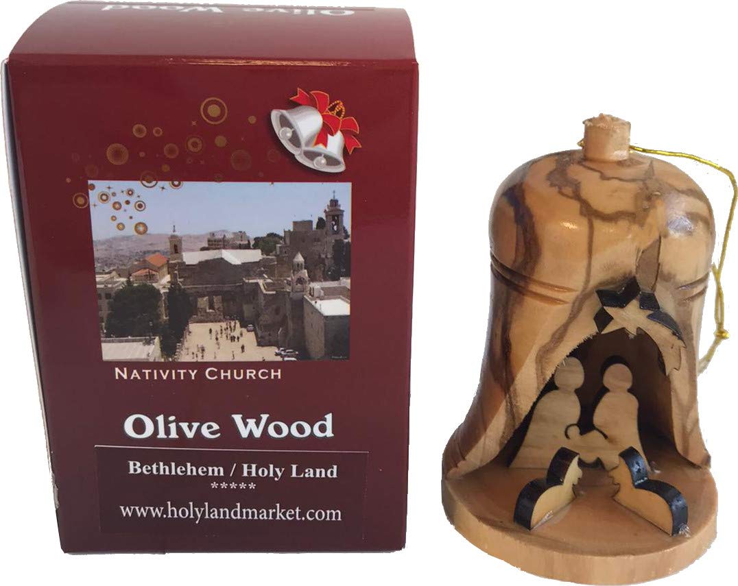 Holy Land Market Olive Wood Nativity Ornament - Large Bell with Nativity Scene, Handmade Christmas Decoration from Bethlehem (4", 1)
