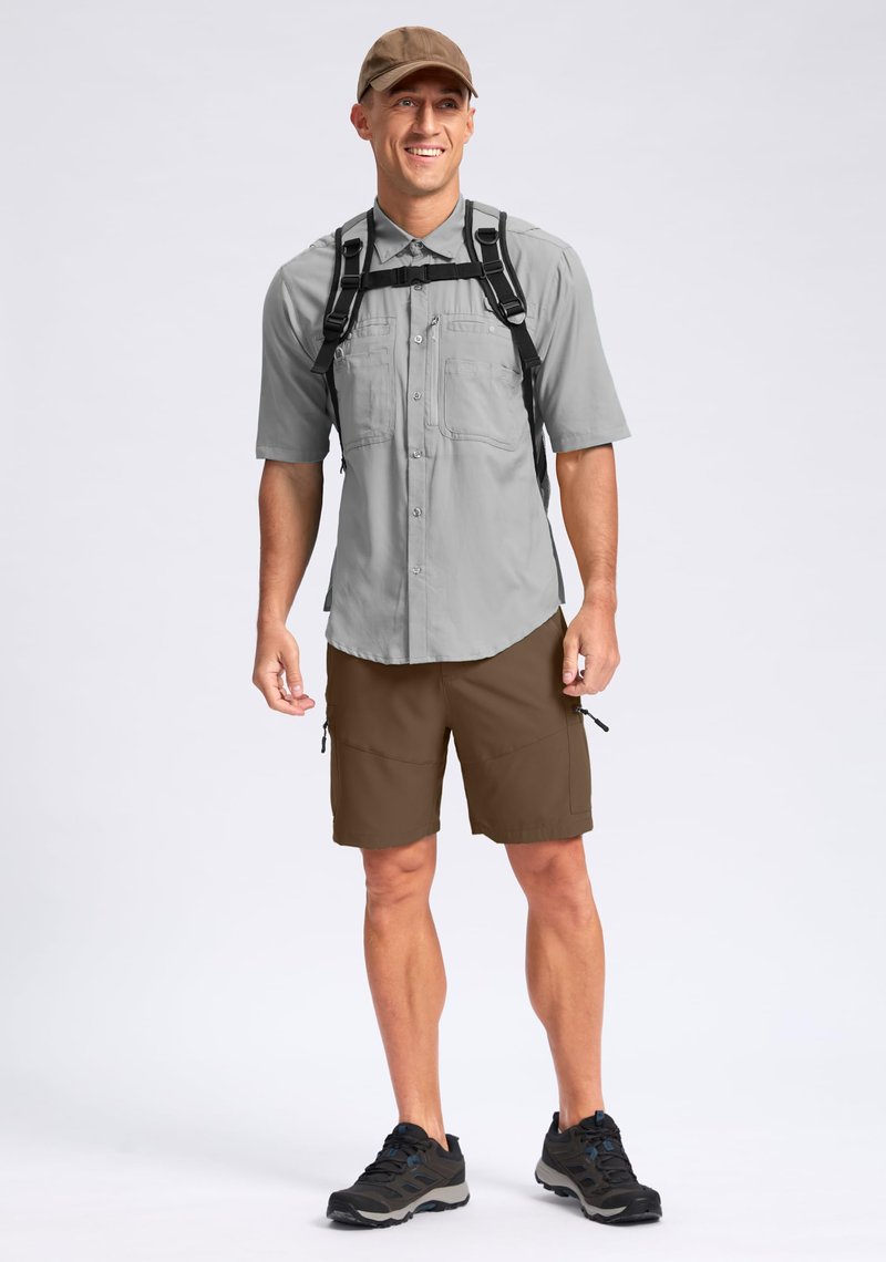 Pudolla Men's Hiking Cargo Shorts Lightweight 7" Travel Casual Shorts for Men Golf Work Outdoor with 5 Zipper Pockets(Brown Large)