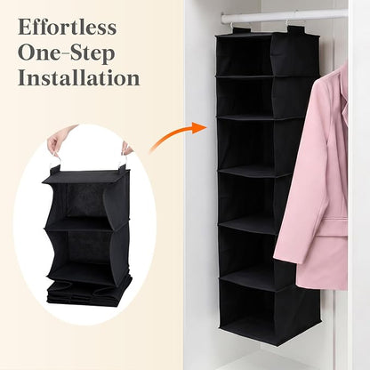 Lifewit 6 Tier Hanging Closet Organizer and Storage for Shelves, 1 Pack Foldable Clothes Shelf with 2 Sturdy Hooks, Sweater/Coat/Shoes Clothing Organization for Wardrobe, Dorm, Bedroom, Black