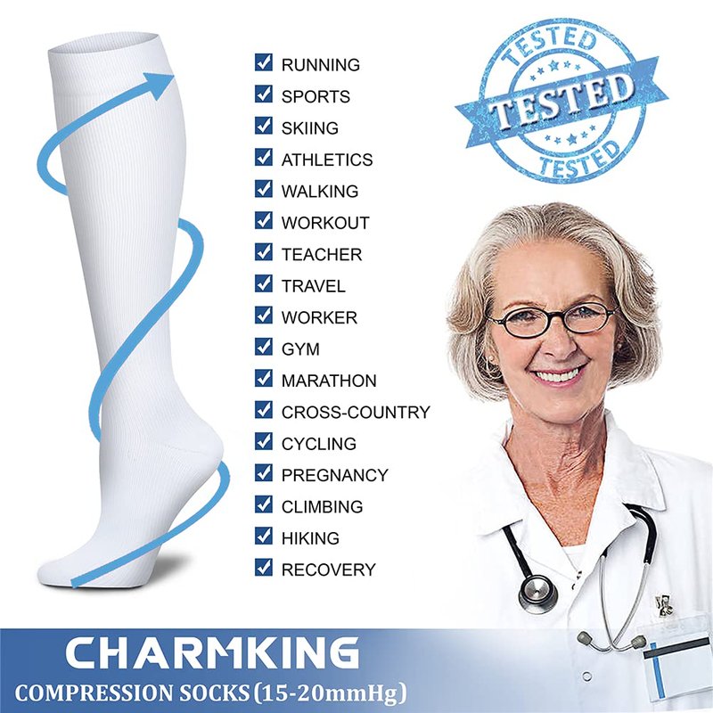CHARMKING Compression Socks for Women & Men (8 Pairs) 15-20 mmHg Graduated Copper Support Calf Socks are Best for Pregnant, Nurses - Boost Performance, Circulation, Knee High Wide Calf(L/XL, White)