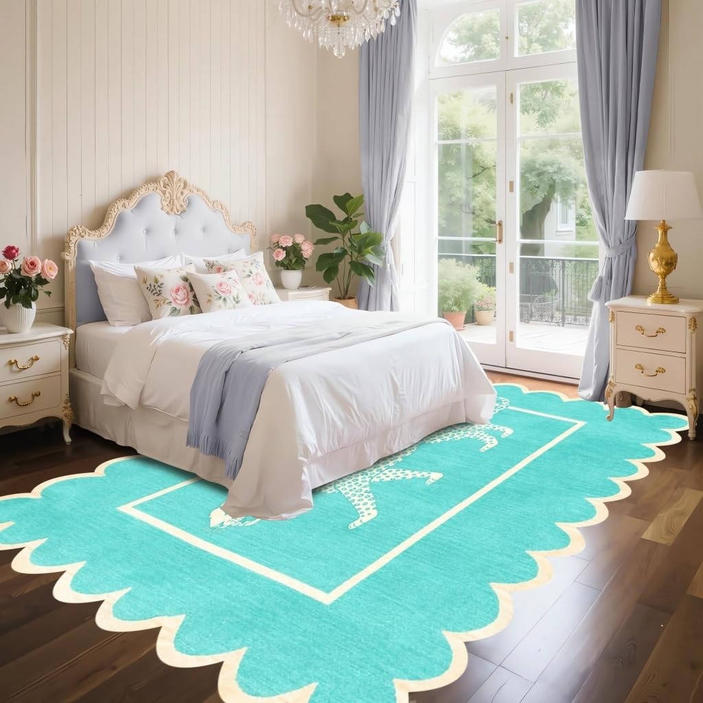 Cheetah Print Rugs 3x5 Faux Wool Washable Scalloped Edge Rug for Living Room Bedroom Apartment Non Slip Stain Resistant Leopard Carpet Modern Chic Dining Room Nursery Office Easy Clean Mat Teal Blue