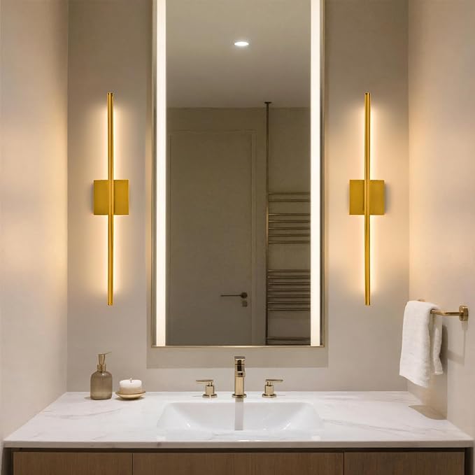 Rechargable Wall Sconce Set of Two, Modern Wireless Brass Wall Light Sconce with Remote, 28.35Inch Dimmable Indoor Home Wall Decor Lights for Bedroom, Living Room, Hallway (Bronze/Square)