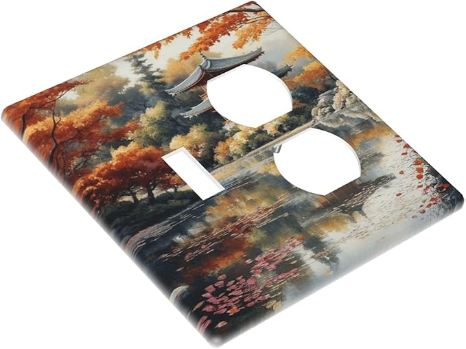Decorative Art Light Switch Covers Lake & Pagoda in Fall 2 Gang Single Toggle Duplex Combination Electrical Faceplate Switchplate Wall Plate for Home Decor