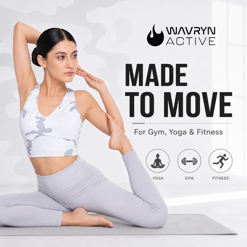 WAVRYN ACTIVE Women's Camo Sports Bra Top Medium Support Cross-Back Workout Bra for Gym, Yoga, Fitness - M, Grey-White