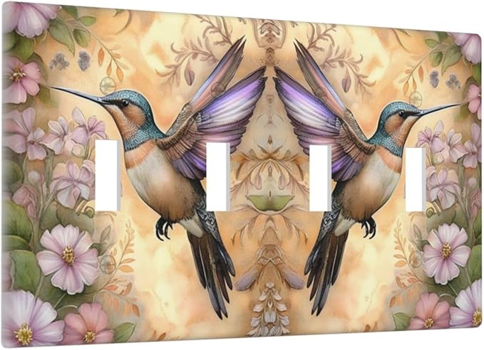 Decorative Art Light Switch Covers Blossom & Hummingbird Quad Toggle 4 Gang Wall Plate Switch plate Electrical Faceplate for Home Decor