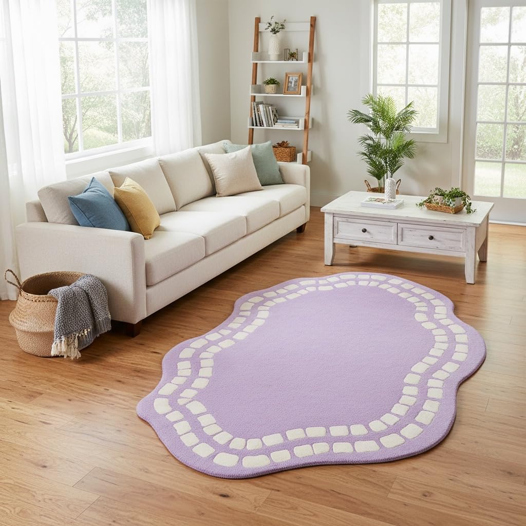 Irregular Shaped Rug 3x5 Minimalist Washable Non-Slip Area Rugs for Living Room Dining Room Bedroom Ultra Soft Faux Wool Nursery Playroom Carpet Lavender Purple Irregular Wavy Edge Throw Mat