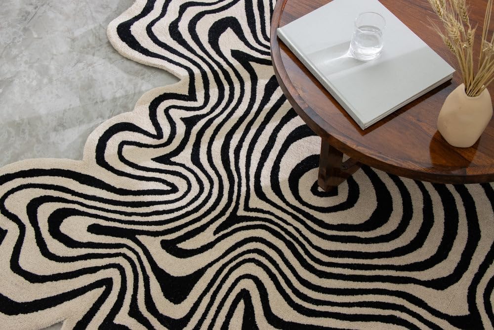 Rugs Restoration and Renovation Irregular Shaped Throw Rug Illusion Pattern | Handmade 100% Wool Modern Colourful Stripe Hand-Tufted Area Rugs (5x5 Feet)