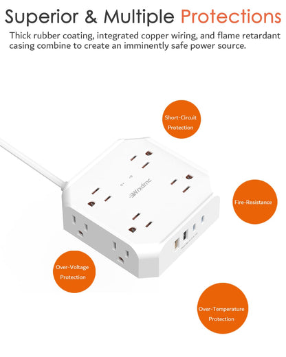 2 Prong Power Strip, WRXDMC 2 Prong to 3 Prong Outlet Adapter,1400J Two Prong Surge Protector, 5ft Extension Cord, 8 AC Outlets with 2 USB C Port and 2 USB A Port, Wall Mountable, Ideal for Old House
