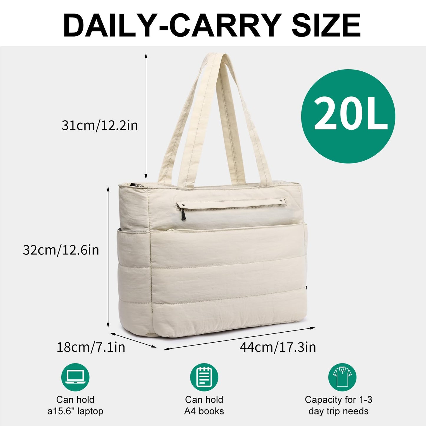 Tote Bag for Women Lightweight Quilted Puffy, Shoulder Bag with Storage for Work Travel Gym, Fits 15.6 Inch Laptop