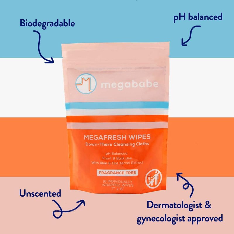 Megababe Megafresh Wipes | Unscented Cleansing Wipes for the Intimate Area | Summer and Hot Weather Essential | pH Balanced, Front & Back Use | 16 Individually Wrapped Wipes (Pack of 1)