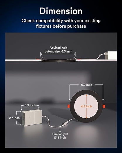 Lumary Black Smart WiFi Recessed Lights 6 Inch, Color Changing LED Recessed Lights with J-Box 13W 1000LM, Dimmable Canless Wafer Downlight, Compatible with Alexa/Google Assistant, ETL Listed, 4 Pack