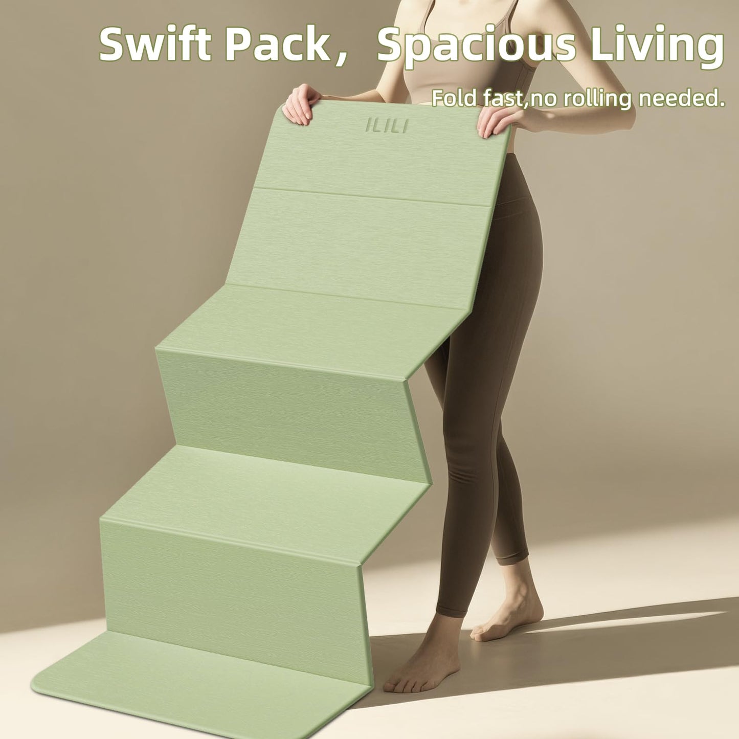 ILILI Foldable Yoga Mat, 10mm Thick, TPE Material, Extra Long 75"L x 26"W, Soft and Comfortable Folding Mat 0.4 Inches, Easy to Carry and Store, 190*66cm Portable Multi-Functional Use for Yoga, Home Exercise & Outdoor (Matcha Green+Black)
