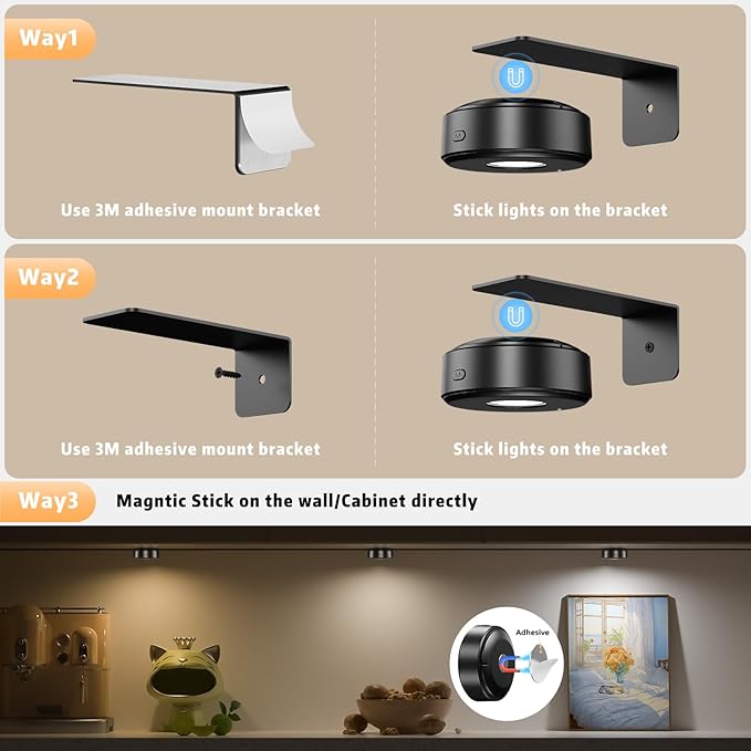 6PCS Picture Lights,3 Colors Paintings Light Rechargeable Battery Wall Light Dimmable and Timer Metal Art Light for Paintings,Display, Wall, Artwork, Gallery(Black)