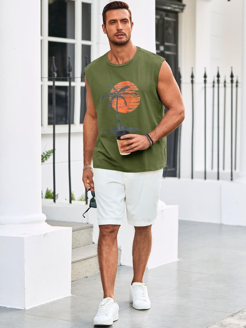 Runcati Mens Sleeveless Tank Tops Workout Gym Muscle Shirts Palm Tree Vintage Hawaiian Summer Beach T Shirts Army Green