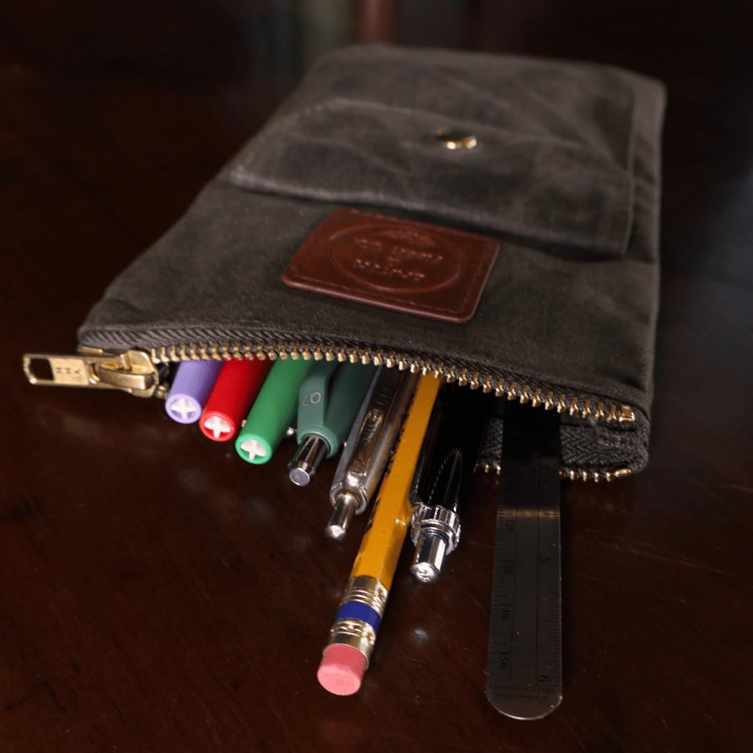 Earth & Fiber Co. Waxed Canvas Artist Pouch - Perfect for Pencils, Pens, Markers, and Stationery - Designed for Artists - Durable Brown Canvas With Brass YKK Zipper
