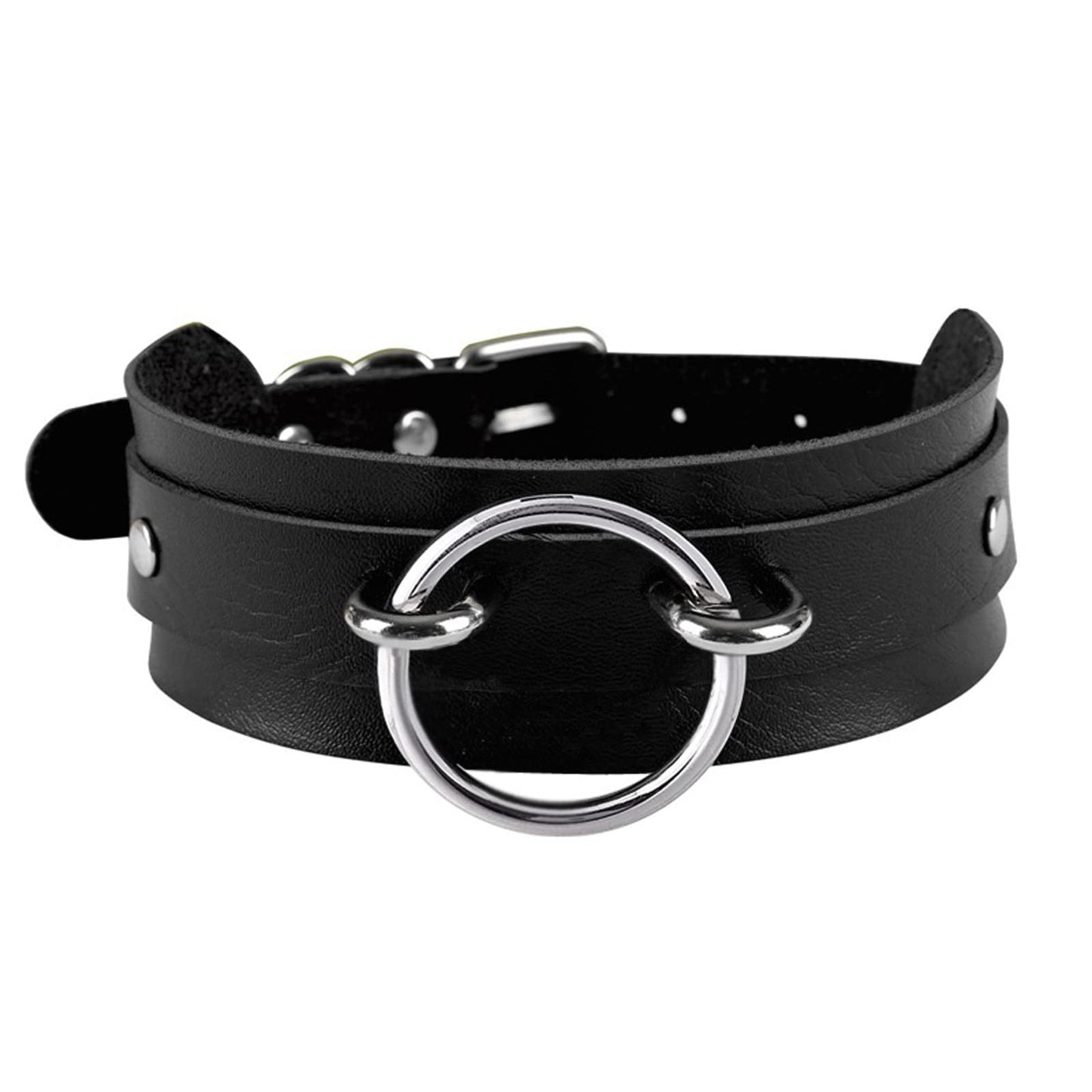 Tosmifairy Black Wide Soft Faux Leather Collar Choker Adjustable Thick PU Necklace and Bracelets Set for Women Men,Circle Ring Charm (Adjusted Neck: 17-21 Inches)