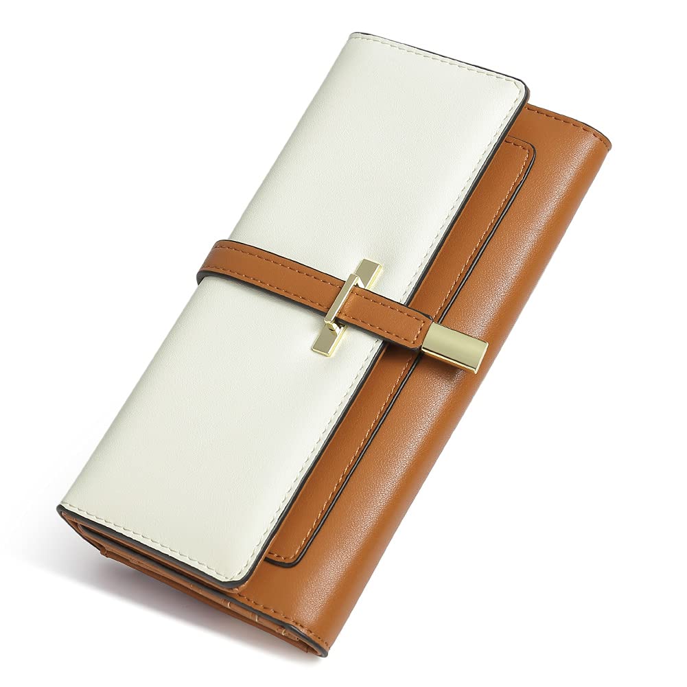 CLUCI Leather Wallet for Women Slim Designer Trifold Ladies Credit Card Holder Brown and Beige