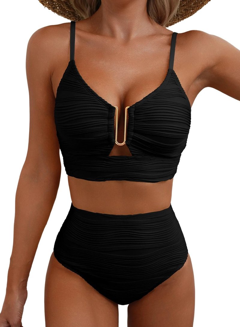 Herseas Women Two Pieces Textured Ruched Bikini Set Push Up V-Wired Cutout 2026 High Waisted Spaghetti Straps Flattering Swim Suit Sexy Classic Pool Party Essentials Black Small