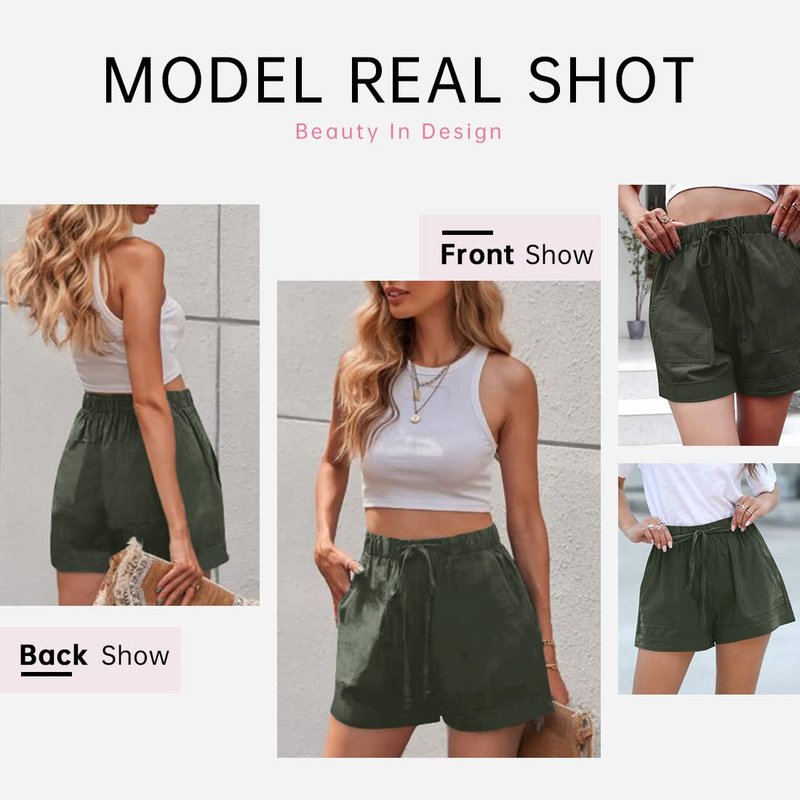 SZSMFZ Womens Elastic Waist Casual Drawstring Shorts Summer Beach Shorts Lightweight Athletic Shorts Comfy Short Pants with Pockets(1-Army Green,Medium)