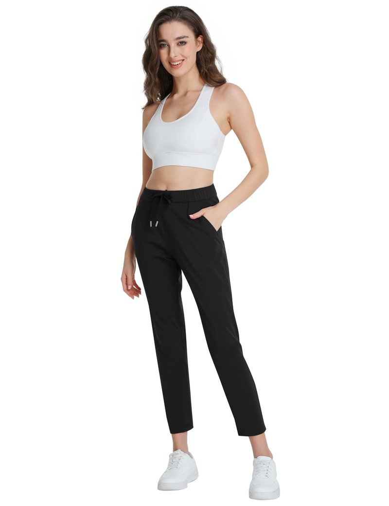 Foucome Women's Golf Pants with Pockets 7/8 Ankle Pants Stretchy Drawstring Sweatpants for Athletic, Lounge, Travel, Work (Black L)