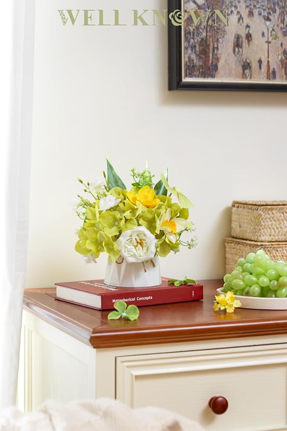 WELL KNOWN Small Fake Flowers in Plastic Vase 7" Centerpieces Coffee Table Decor, Green White Silk Flower Arrangements for Home Decor Indoor Artificial Flower Bouquet for Dining Room Kitchen Wedding