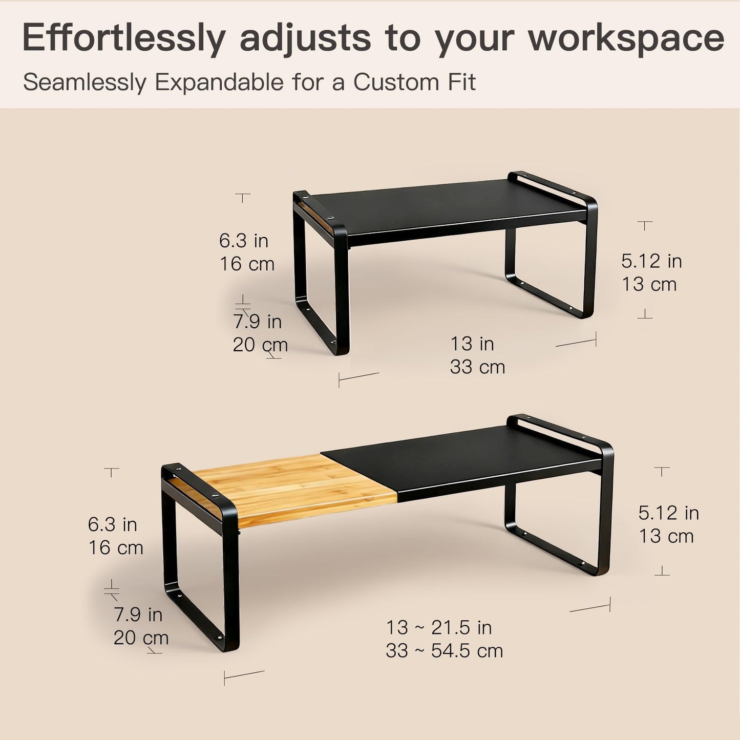 Solcasaco Expandable Desk Shelf Organizer, Sturdy Bamboo Desktop Riser for Monitor, Laptop & Office Storage, Modern Workspace Stand Accessories (Black)