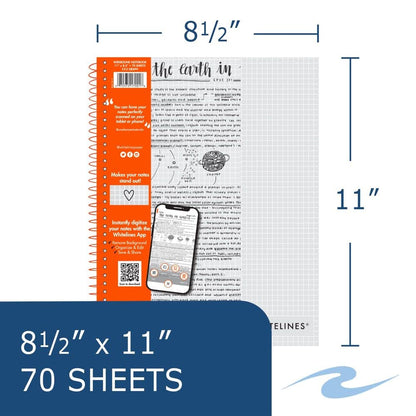 ROARING SPRING Whitelines Spiral Graph Ruled Notebook, Digitally Download Your Notes with FREE App, Premium Gray Paper, 11" x 8.5" 70 Sheets