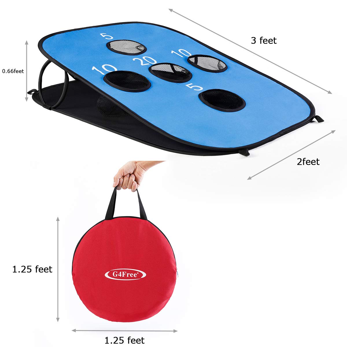 G4Free Portable Collapsible 5 Holes Cornhole Game Set with 8 Bean Bags Toss Game Size 3ft x 2ft for Camping Travel A-Red Blue